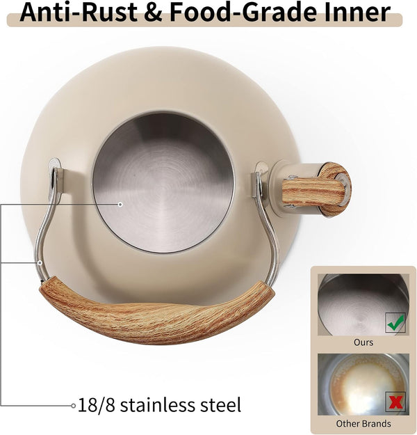 Tea Kettle for Stove Top | 2.5 Quart Whistling Tea Kettle, with Food Grade Stainless Steel and Wood Pattern Folding Handle, Creamy White5