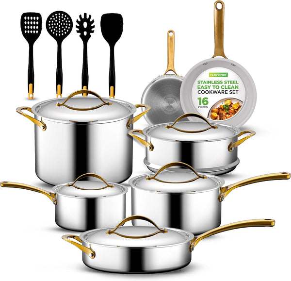 16-Piece Stainless Steel Kitchenware - Pots & Pans Set Clad Kitchen Cookware with Nylon Utensils, Fry Pan Interior Coated with Prestige Ceramic Non-Stick Coating, Stylish Kitchen Cookware1