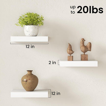 White Floating Shelves for Wall, Set of 2, 12 Inch Wall Shelves with Invisible Brackets, 12" Deep X 2" Thick Display Shelves for Bathroom Bedroom Living Room Kitchen3