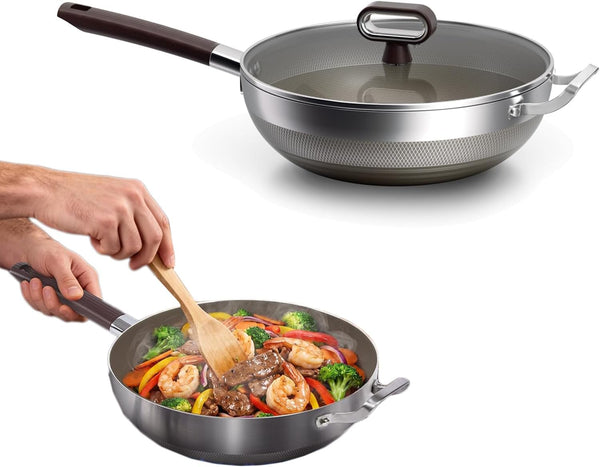 Titanium Wok Pan Non Stick Stainless Steel Woks & Stir-Fry Pans for All Stoves Home Use (13In)1