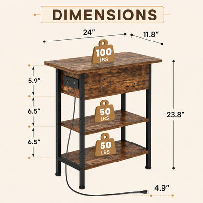 End Table with Charging Station, Flip Top Side Table with USB Ports and Outlets, 3-Tier Small Side Table with Storage for Small Space, End Tables for Living Room/Bedroom, Rustic Brown3