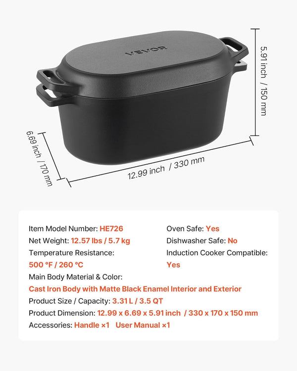 Enameled Cast Iron Dutch Oven, 3.5 Quart Pot with Lid and Dual Handles, Heavy-Duty Durable Cookware Pan, Oven Induction Compatible up to 500℉, for Braising, Stews, Roasting, Bread Baking, Black7
