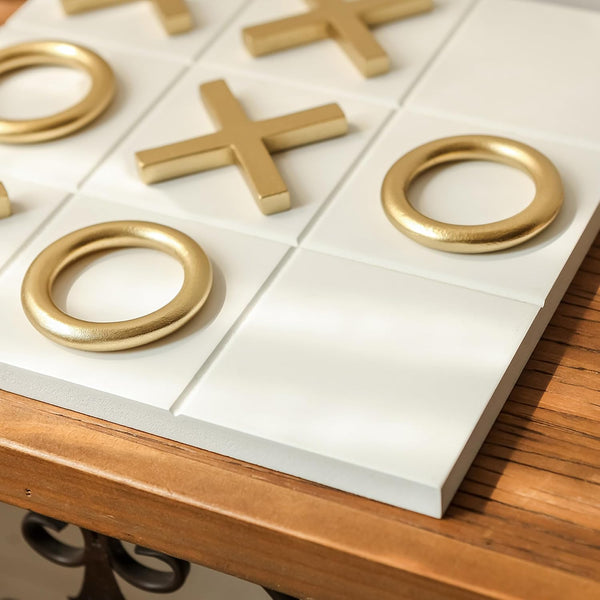 12X12 Inch Tic Tac Toe Wood Game Board Classic Coffee Table Decor Modern Wooden Travel Game for Family, White & Gold5