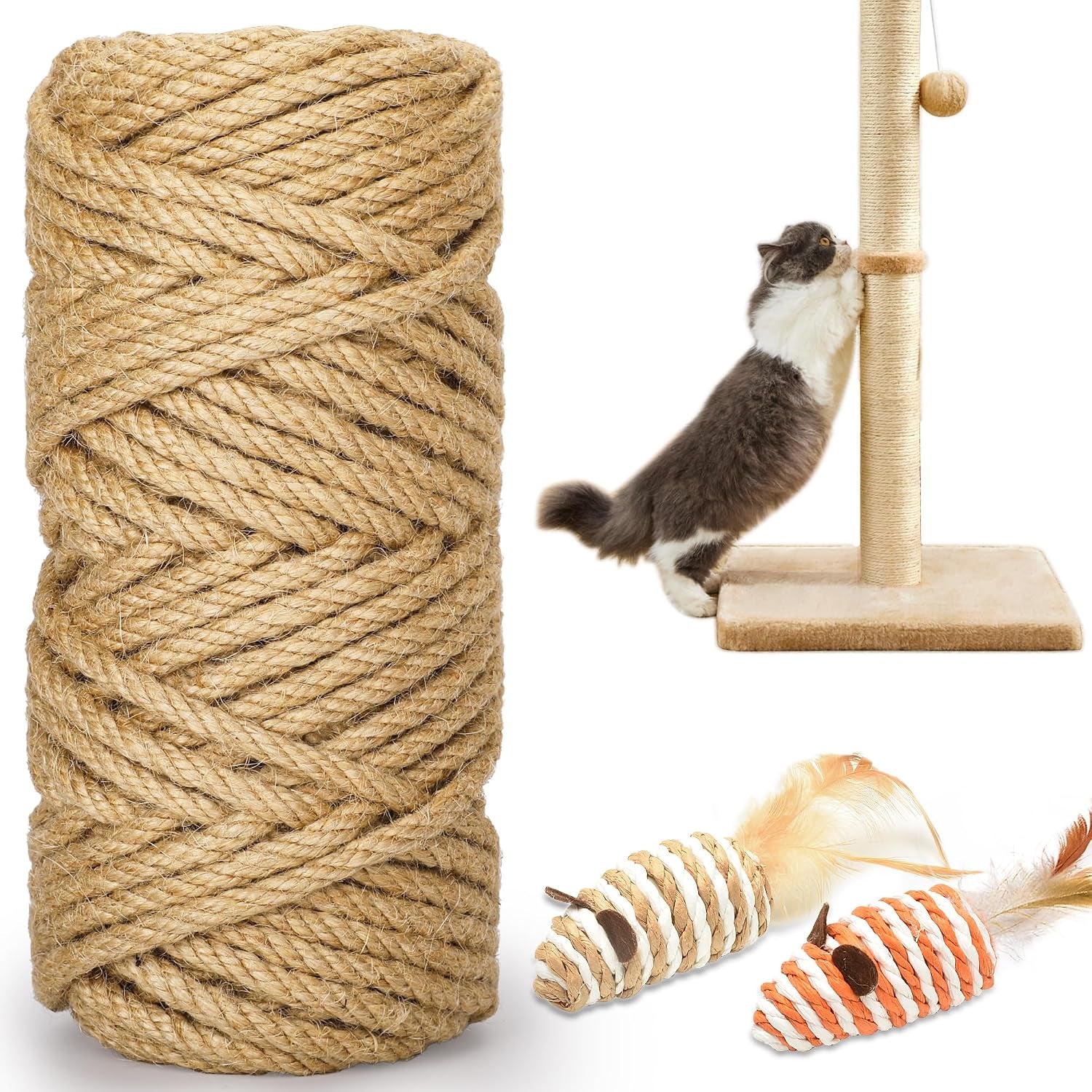 328ft-1-4-inch-cat-scratching-sisal-rope-for-cat-trees-posts-thick-white-jute-rope-with-2-cat-mouse-toys-for-scratch-posts-cat-towers-diy-projects