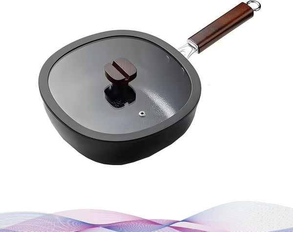 Square Nonstick Iron Wok with Glass Lid, 2QT Coating-Free Stir-Fry Pot, Induction Ready, Japanese Wooden Handle Saucepan (Black, 2Qt/9.5In Iron Pan)1