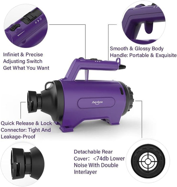 Dog Dryer High Velocity Pet Dog Grooming Force Hair Dryer/Blower | High Velocity Force Blower Dryer for Professional Dog Pet Grooming, Purple Sherbao SMD-06P5