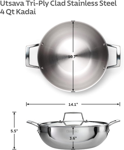 Utsava 4-Quart Tri-Ply Clad Stainless Steel Kadai with Lid | Large Kadhai Pot for Indian Cooking4