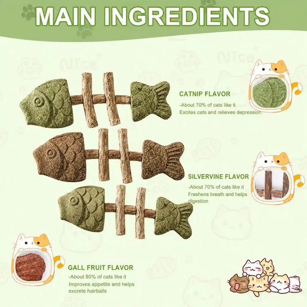 3Pcs Catnip and Silvervine Chew, Fishbone Cat Dental Chew Toy, Cat Chew Stick for Teething, Boredom Relief & Daily6