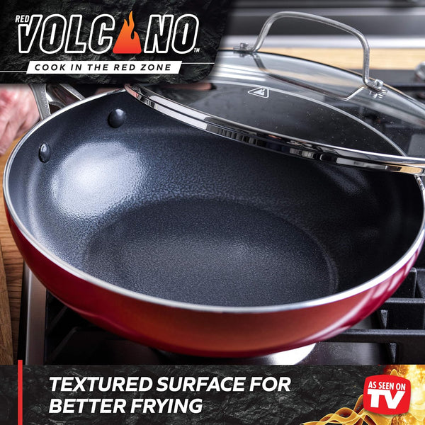 Textured Ceramic Nonstick, 11" Flat Bottom Wok Stir-Fry Pan with Lid for High Heat Cooking, Oven & Broiler Safe to 600 Degrees, Dishwasher Safe, PFAS PFOA & PTFE Free, Red4