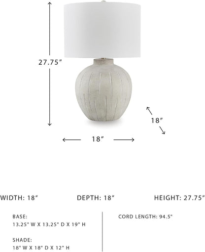 Signature Design by Ashley Living Room Table Lamp, 3-Way, Vintage Gray | Textured Warm Gray Polyresin Base with 3-Way Lighting and Cotton Blend Drum Shade, Vintage Farmhouse Style, Calbert Series7
