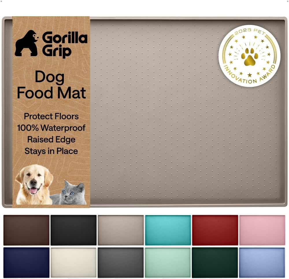 gorilla-grip-100-waterproof-raised-edge-bpa-free-silicone-pet-feeding-mat-dog-cat-food-mats-contain-spills-protects-floors-placemats-for-cats-and-dogs-water-bowl-18-5x11-5-gray