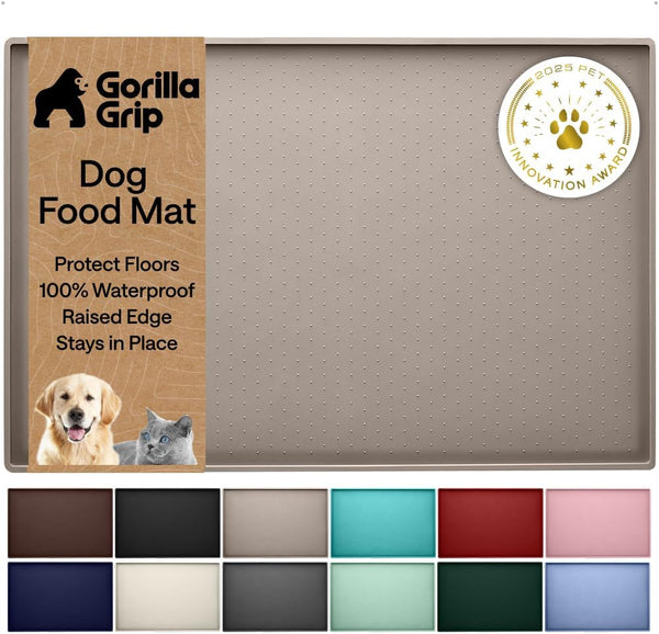 GORILLA GRIP 100% Waterproof Raised Edge BPA Free Silicone Pet Feeding Mat, Dog Cat Food Mats Contain Spills Protects Floors, Placemats for Cats and Dogs Water Bowl, 18.5X11.5, Gray19