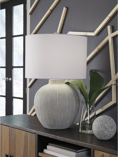 Signature Design by Ashley Living Room Table Lamp, 3-Way, Vintage Gray | Textured Warm Gray Polyresin Base with 3-Way Lighting and Cotton Blend Drum Shade, Vintage Farmhouse Style, Calbert Series4