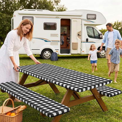 6FT Picnic Table Cover with Bench Covers, Elastic Fitted Tablecloth | Waterproof Washable Rectangle Tablecloths ,Buffalo Plaid Tablecloth for Dining, Camping, Outdoor (Black & White, 30" X 72")2