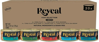 Reveal Fish Variety in Broth Wet Cat Food, 5-Flavor 30-Pack 2.47 Oz Cans | 100% Natural, High Quality Protein, Limited Ingredient, Grain Free, No Fillers, No Artificial Additives, No By-Products1