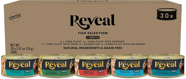 Reveal Fish Variety in Broth Wet Cat Food, 5-Flavor 30-Pack 2.47 Oz Cans | 100% Natural, High Quality Protein, Limited Ingredient, Grain Free, No Fillers, No Artificial Additives, No By-Products1