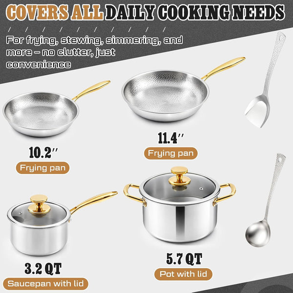 Titanium Pots and Pans Set,6 Pcs,Essential Cookware Set | Titanium Pans for Cooking with Lids, Spoon, Spatula, Triply Titanium No Coating for Induction, Cooktops, Safe up to 1000°F3