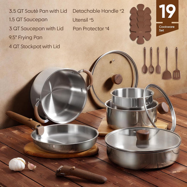 19Pcs Tri-Ply Stainless Steel Cookware Set with Detachable Handle | Pots and Pans Set, Even Heating, Non-Toxic, Induction Compatible, Dishwasher& Oven Safe, Space Saving, RV Cooking,Woodgrain2