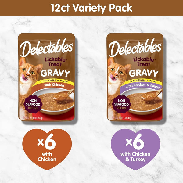 Delectables Lickable Treat Gravy Wet Cat Treat Variety Pack, Food Topper, Hydrating, Grain-Free, No Fillers, By-Products, Added Preservatives, 1.4Oz Pouch, 12Ct6