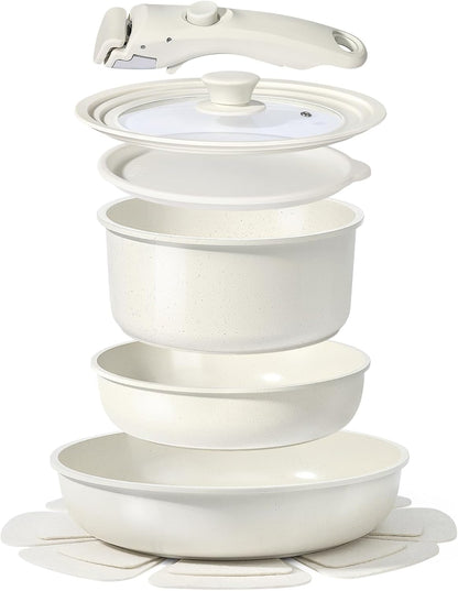 Ceramic Pots and Pans Set Non Stick, Nonstick Detachable Handle Cookware Sets, Healthy Non Toxic PFAS PFOA & PTFE Free, Dishwasher ＆Oven Safe, Induction Kitchen Pot and Pan, 8 Piece Cream1