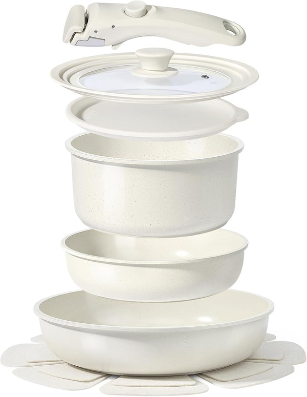 Ceramic Pots and Pans Set Non Stick, Nonstick Detachable Handle Cookware Sets, Healthy Non Toxic PFAS PFOA & PTFE Free, Dishwasher ＆Oven Safe, Induction Kitchen Pot and Pan, 8 Piece Cream1
