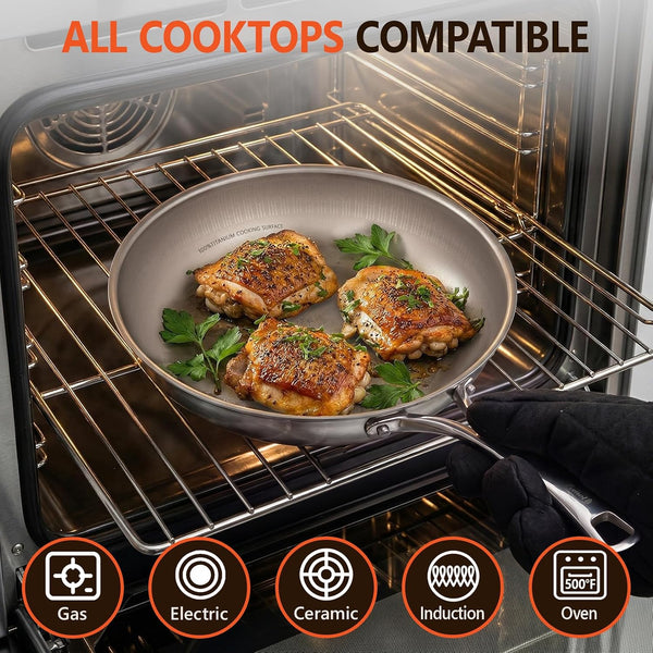 Titanium Frying Pan with Lid - 10.25" No Coating Pfas-Free Skillet, Tri-Ply Titanium & Stainless Steel, Induction & Dishwasher Safe8