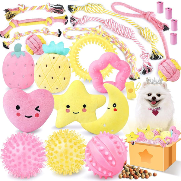 XIUGOAL Pink Puppy Toys for Boredom - 23 Pack Puppy Chew Toys for Teething, Interactive Dog Toys for Puppies, Cute Small Dog Toys with Treat Ball, Squeaky Dog Chew Toys and Ropes9