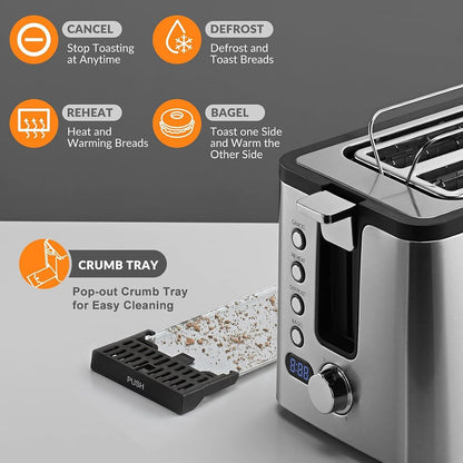 4 Slice Toaster, Long Slot Toaster with Countdown Timer, Bagel/Defrost/Reheat/Cancel Functions,Warming Rack, Removable Tray, 6 Browning Settings, Extra Wide Slots, Stainless Steel, 1300W4
