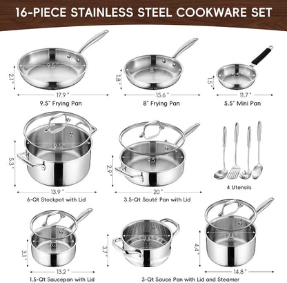 Tri Ply Stainless Steel Cookware Set, 16-Piece Pots and Pans Set with Kitchen Utensils and Steamer, Non-Toxic, Multiclad, Induction Oven Compatible, Dishwasher Safe2