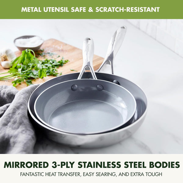 Valencia Pro Tri-Ply Stainless Steel 8” & 10” Frying Pan Skillet Set, Pfas-Free Ceramic Nonstick Coating, Induction Ready Cookware, All Cooktops, Eggs & Omelets, Dishwasher & Oven Safe 600F6