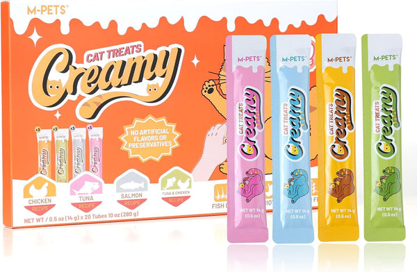 M-PETS Creamy Lickable Cat Treats – 4 Flavor Variety Pack, 20 Tubes of Healthy Squeeze up Snacks with Functional Nutrients for Hydration, Skin & Coat, and Digestive Health – Grain Free, High Protein1