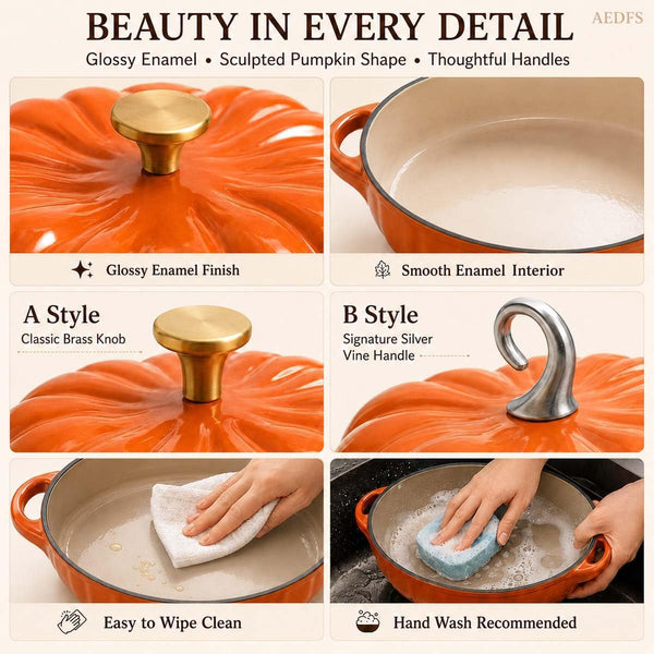 Pumpkin Dutch Oven with Lid, Enameled Cast Iron Pumpkin Pot, Halloween Cookware for Fall Kitchen Decor, Oven Safe Dutch Oven for Bread, Soup, Stew, Thanksgiving Gift (2.0 Qt Orange B)7
