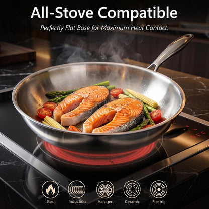 4.2 QT Tri-Ply Stainless Steel Wok Pan with Lid, 12" Flat Bottom Stir Fry Skillet for Asian Cuisine, Premium 18/10 Induction Cookware for 3-4 Servings, Oven Safe6