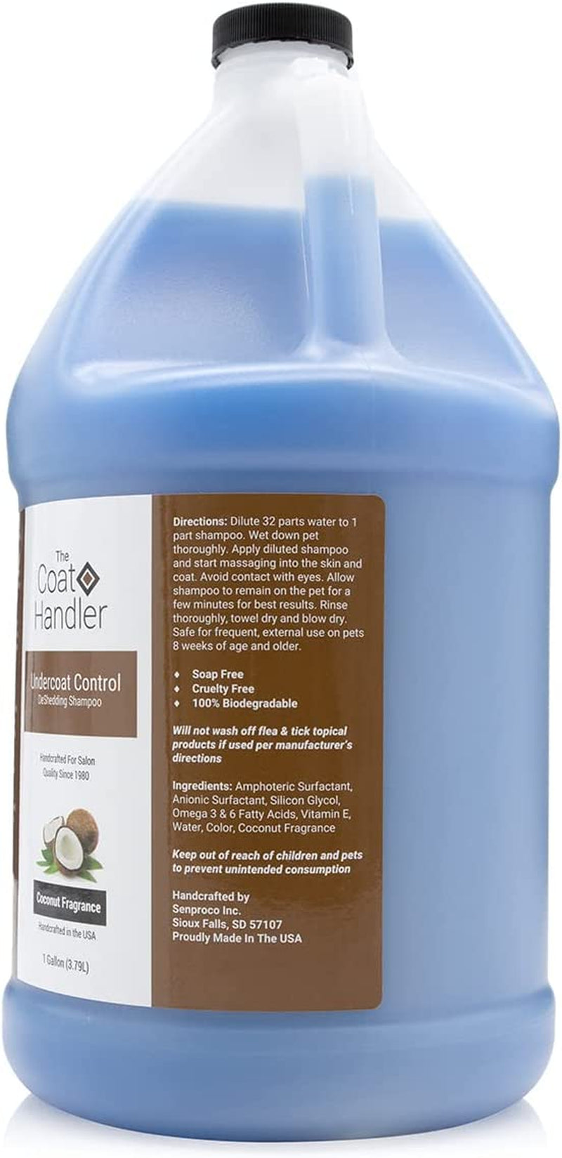the-coat-handler-deshedding-dog-shampoo-for-shedding-undercoat-1-gallon-32-1-concentrate-coconut-oil-and-omega-3-strengthen-hair-roots-moisturizing-pet-grooming-wash-groomer-grade-usa-made