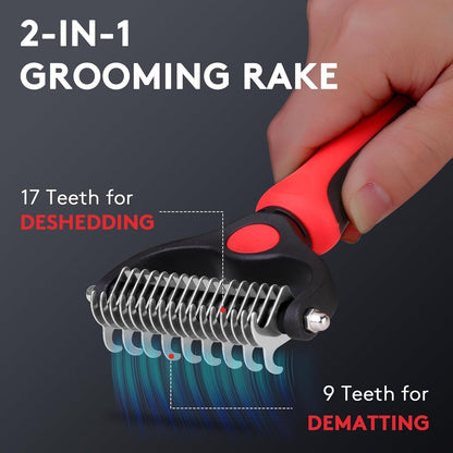 Tpotato Deshedding Dog Brush for Long Haired Dogs Cats,Undercoat Shedding Rake for Dematting Detangling Tangles Matted Fur and Knots,Metal Pet Comb,Professional Pet Grooming Supplies Tool Kit,Red2