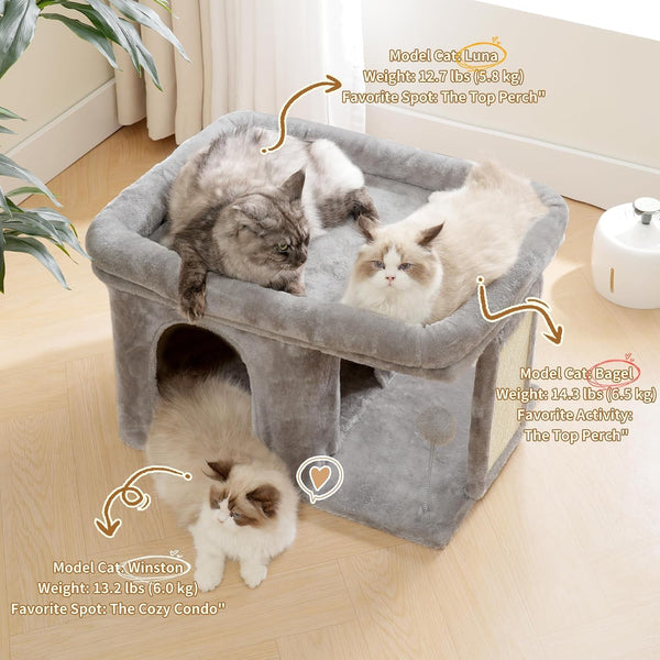 Heybly Cat Tree, 14" Cat Tower with Large Cat Bed & Condo HCT203SW | Cat Furniture for Indoor Cats Large Adult, Cat House with Scratching Posts and Spring Balls for Kittens, Light Gray6