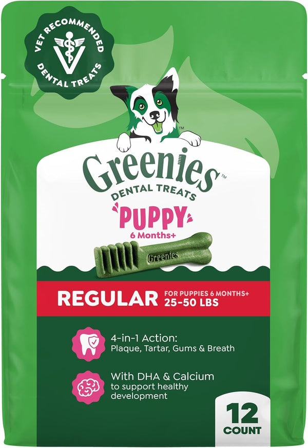 Greenies Puppy Regular Natural Dental Dog Treats, Original Flavor, 12 Count | Veterinarian-Recommended, Natural Ingredients, Cleans Teeth & Freshens Breath, for Puppies 25-50 Lbs, 6 Oz. Pack1