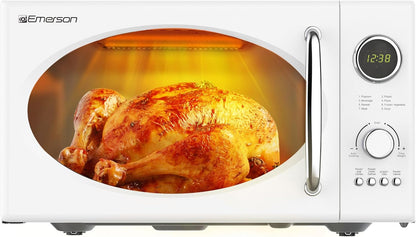 MWRG0901W 0.9 Cu. Ft. Retro Microwave with 1,000W Grill Function, 800W Cooking Power, LED Display, 5 Power Levels, 8 Auto Menus, Glass Turntable, Child Lock, White Countertop Design1