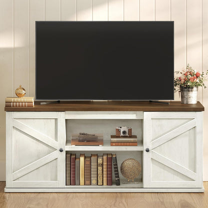 VASAGLE Farmhouse TV Stand for Tvs up to 65 Inches, Entertainment Center with Storage Cabinets and Sliding Barn Doors, Media Console Table for Living Room, Rustic White and Honey Brown ULTV535W011