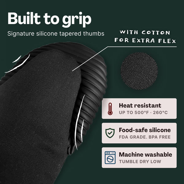 Magnetic Oven Mitts & Pot Holder 3 Pc Set, High Heat Silicone Black | Heat Resistant to 500F, 2 Mini Mitts & 1 Hot Pad, Magnetic Storage, Non-Slip Grip, 100% Machine Washable, Premium Cotton4