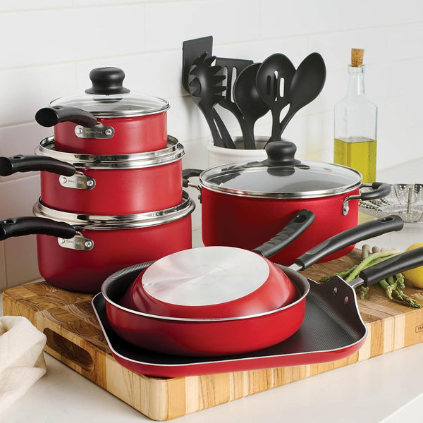 18 Piece Nonstick Cookware Set - Red - Aluminum Construction, Dishwasher Safe, Compatible with Gas, Electric, Ceramic Cooktops - Includes Sauté Pans, Griddle, Dutch Oven, Cooking Utensils2