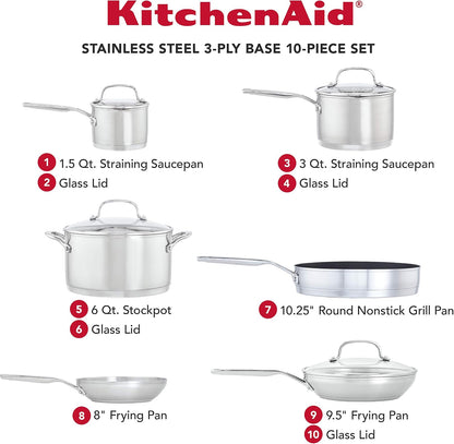 Kitchenaid Stainless Steel 3-Ply Base Cookware Induction Pots and Pans Set, 10-Piece, Brushed Stainless Steel2