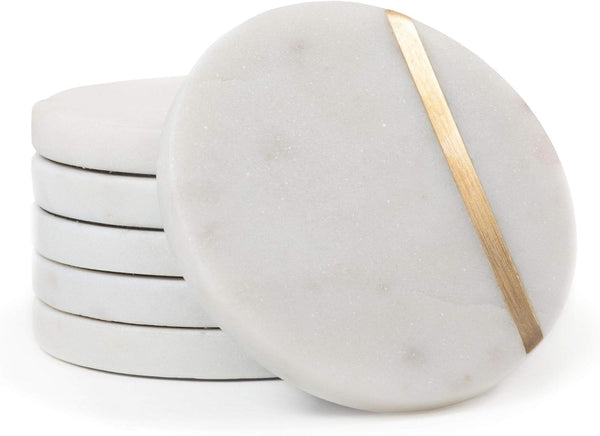 Marble Coasters with Gold Brass Inlay, White, Set of 6 | Real Natural Semi Absorbent Stone, Modern Luxury Decor for Coffee Table, Office Desk or Bar Cart1