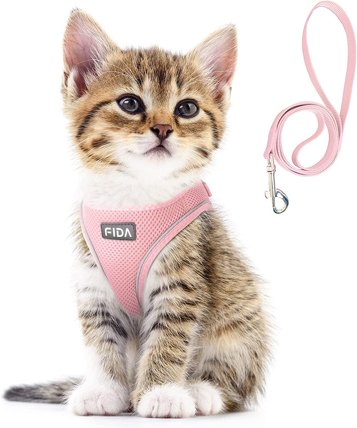 fida-cat-harness-and-leash-set-for-walking-kitten-and-puppy-escape-proof-kitten-harness-with-breathable-lightweight-soft-mesh-adjustable-reflective-step-in-design-xxxs-pink
