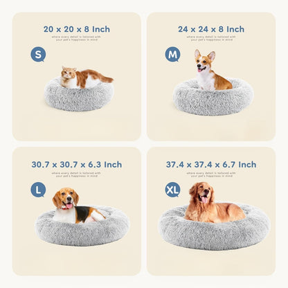 DUMOS 30.7 Inch Donut Dog Bed, Faux Fur Plush, Grey | Machine Washable Cuddler Warming Cozy Fluffy Faux Fur Plush round Pet Bed, Anti-Slip Bed for Indoor Dogs and Cats6