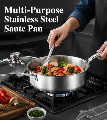8 Quart Saute Pan with Lid,Tri-Ply Stainless Steel Deep Frying Pan,13.5Inch Large Skillet,Induction Compatible Cookware,Pfoa & PFOS Free,Oven & Dishwasher Safe3
