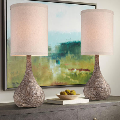 Chalane 31 1/4" Large Table Lamps Set of 2 Hammered Bronze Gourd | Farmhouse Brown Rustic Coastal Modern Living Room Bedroom Bedside Nightstand House Office Home Family White Shade End1
