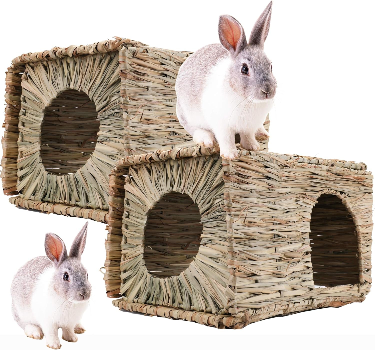 wuweot-2-pack-large-grass-bunny-house-foldable-rabbit-hut-play-hideaway-bed-hay-mat-chew-toy-for-rabbit-guinea-pigs-gerbils-hamster-and-small-animals-11x8x8