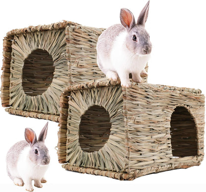 WUWEOT 2 Pack Large Grass Bunny House, Foldable Rabbit Hut, Play Hideaway Bed Hay Mat Chew Toy for Rabbit, Guinea Pigs, Gerbils, Hamster and Small Animals, 11"X8"X8"1