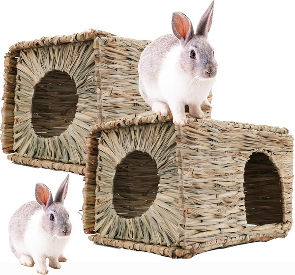 WUWEOT 2 Pack Large Grass Bunny House, Foldable Rabbit Hut, Play Hideaway Bed Hay Mat Chew Toy for Rabbit, Guinea Pigs, Gerbils, Hamster and Small Animals, 11"X8"X8"1